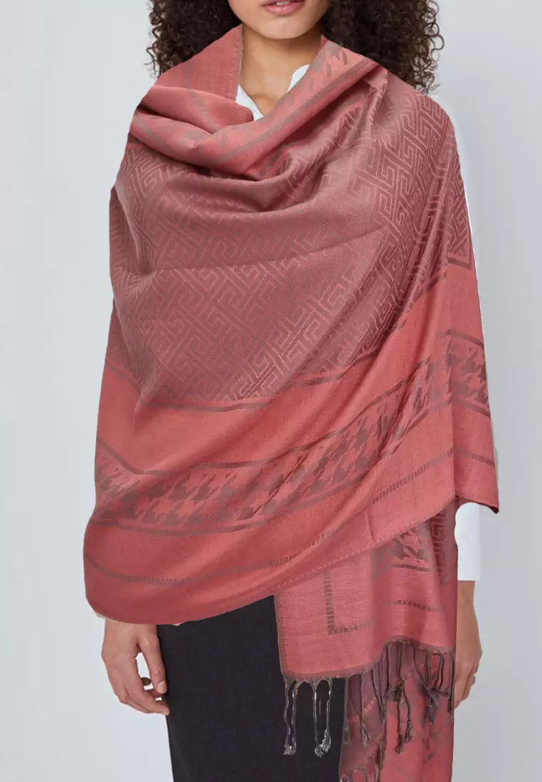 Houndstooth Pattern Viscose Pashmina Shawl Syal Wanita Blush