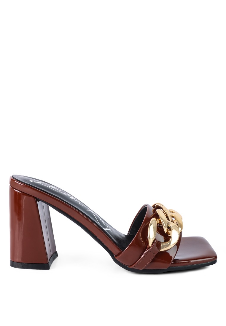 Espresso Metal Chain Detail Patent PU Sandal