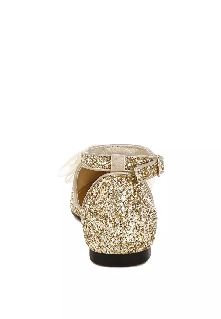 Sheer Bow Detail Glitter Flat Sandals in Gold