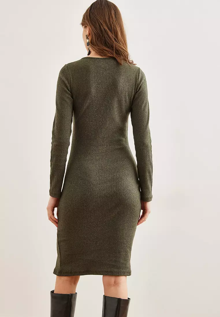 Women's Khaki Button Detailed Slit Raster Stretchy Dress Elb- 19002307
