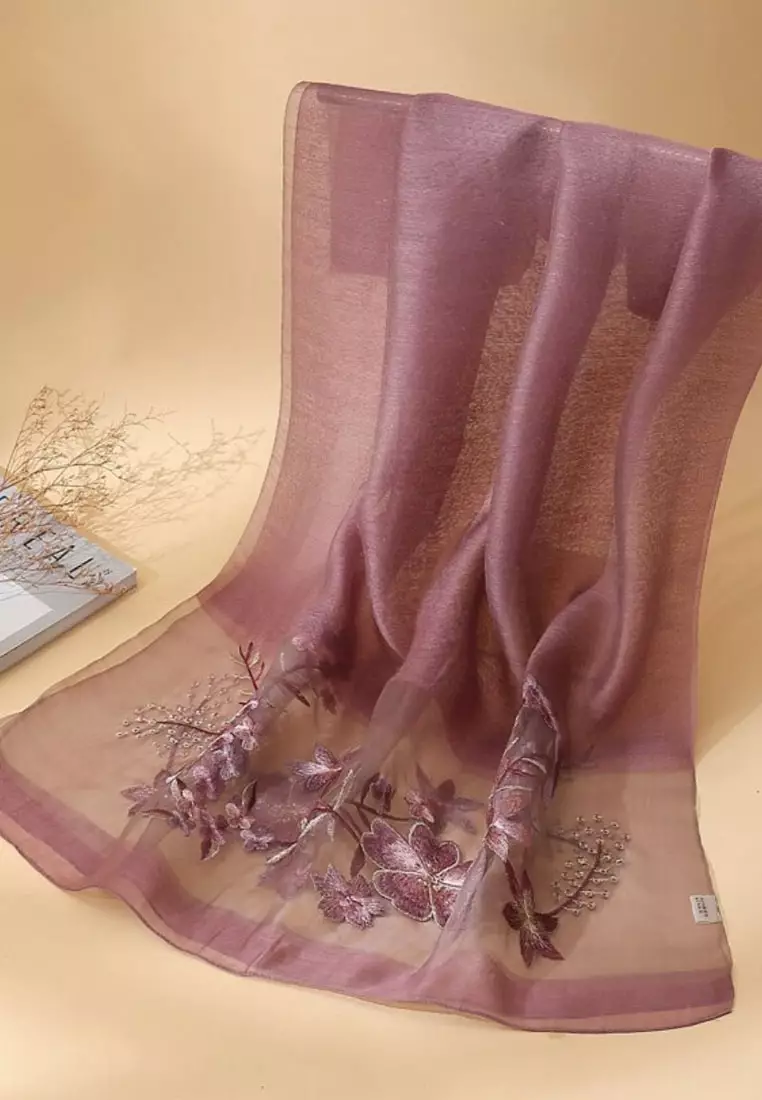 Golden Thread Embroidery Flowery Silk Shawl Syal Sutra Wanita Plum