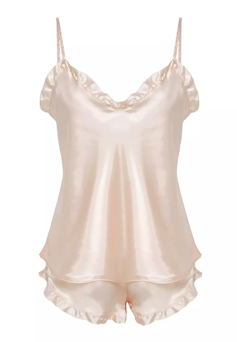 Ecru Frilled Rope Strap Satin Shorts Woven Pajama Set THMSS22PT0274
