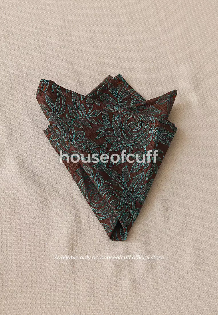 Houseofcuff dasi kupu pria bowtie pocket square jacquard coklat motif batik
