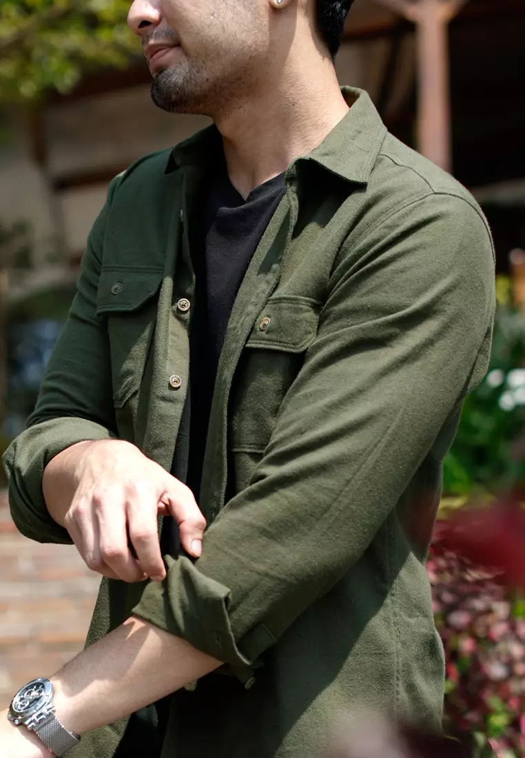 OXCON Utility Double Pocket Authentic Kemeja Flannel Shirt Monotone Green Army