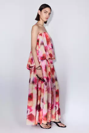 chiffon dress singapore VIOLA PADDED CHIFFON RUFFLE DRAPE MAXI DRESS (PINK)
