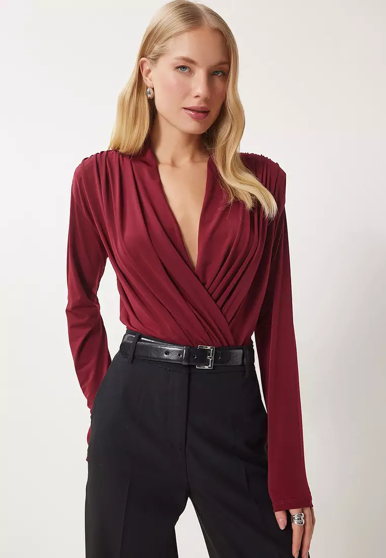 Women's Claret Red Wrap Collar Padded Snap Sandy Blouse Zh00039