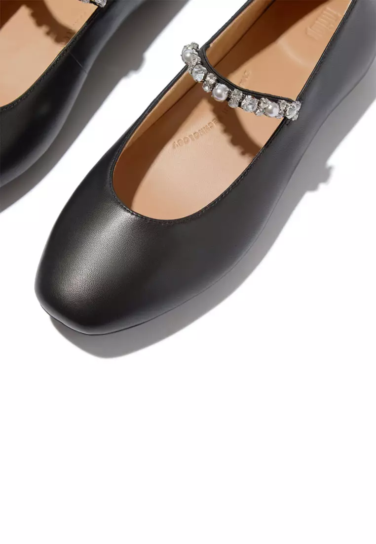 DELICATO Women's Pearls & Crystal Leather Ballet Flats  - Black (A0Q-001)