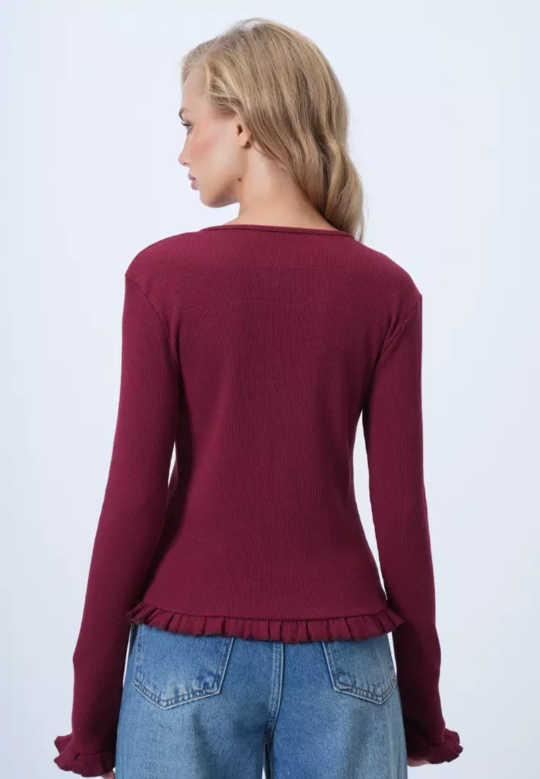 Women's Burgundy Crew Neck Ruffle Detailed Buttoned Front Knitted Blouse Alc-X14533