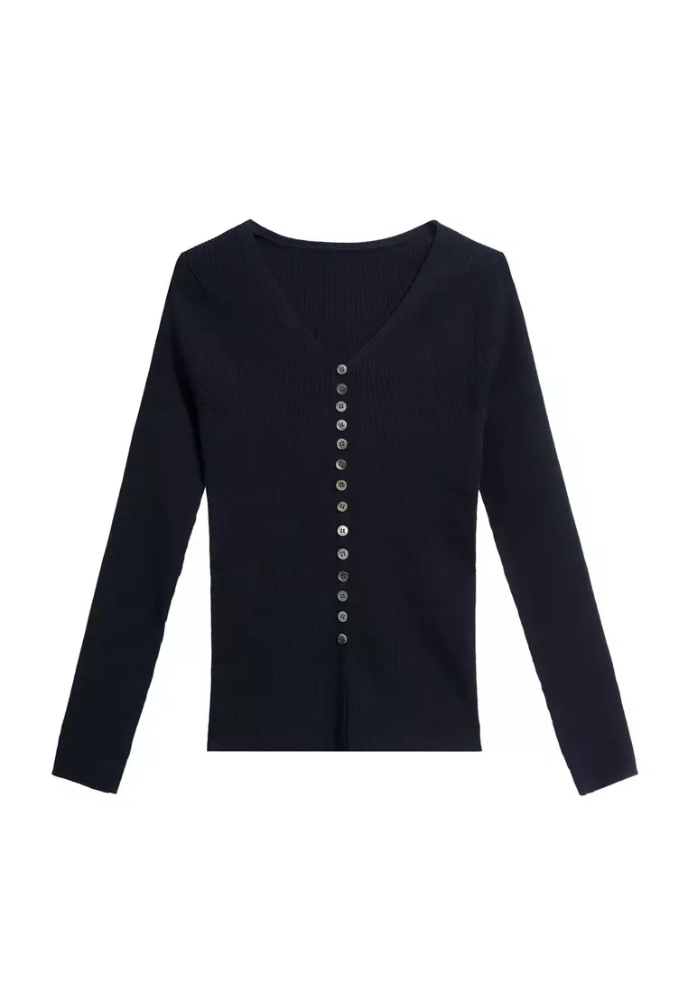 Navy V-Neck Long Sleeve Top
