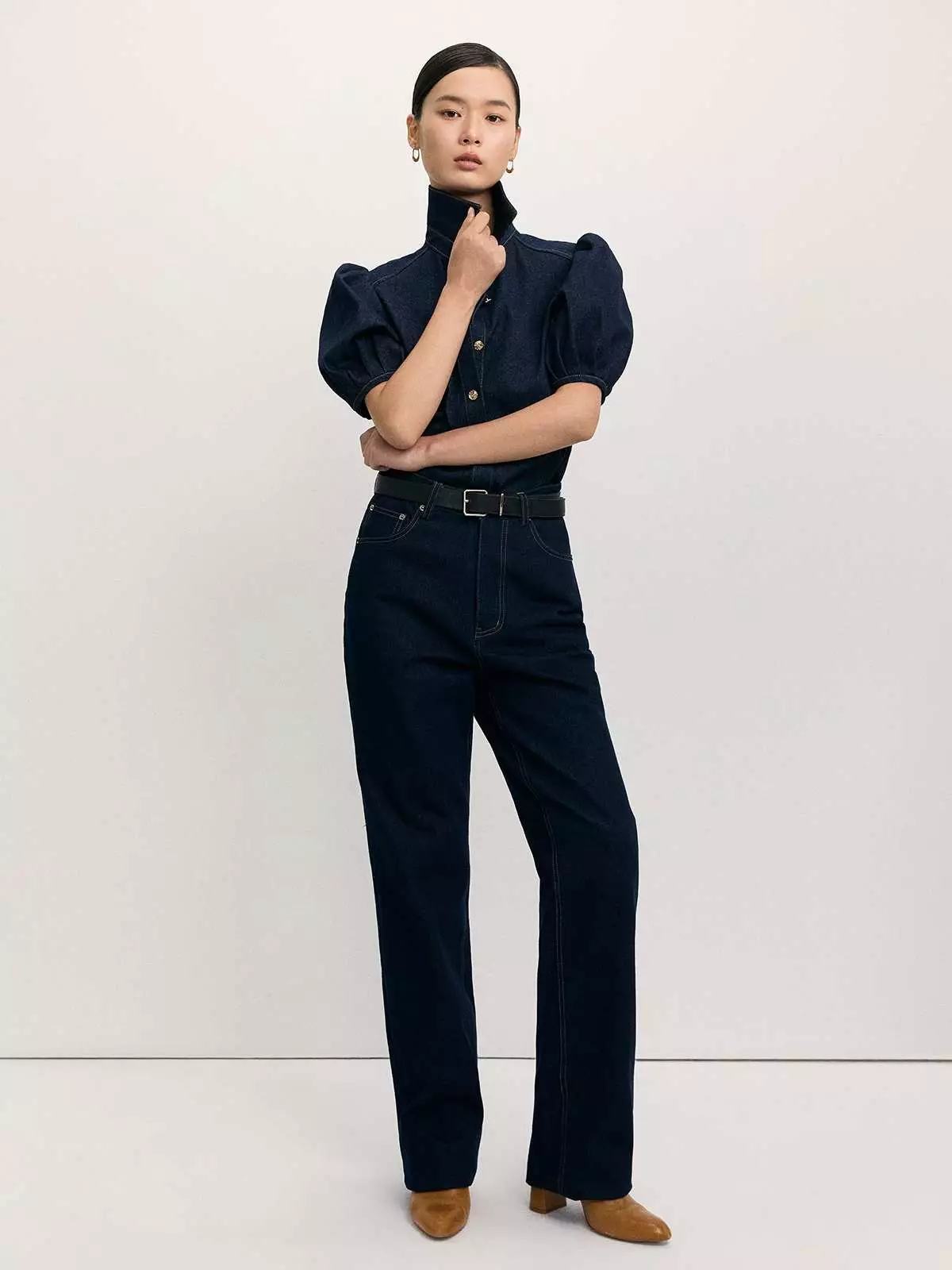 Pomelo - Blouse Wanita - Puffed Sleeve Denim Blouse - Blue