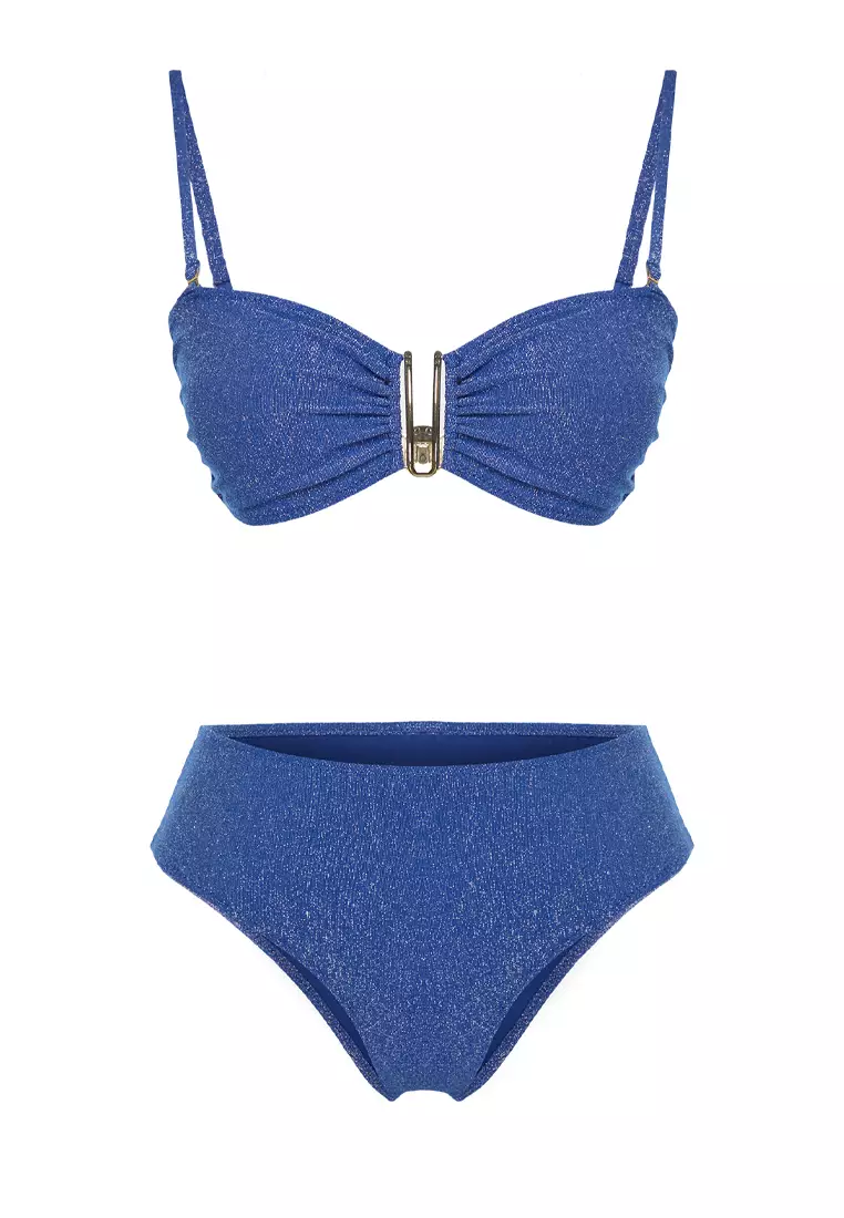 Silvery Brazilian Bikini Suit With Dark Blue Strapless Accessories