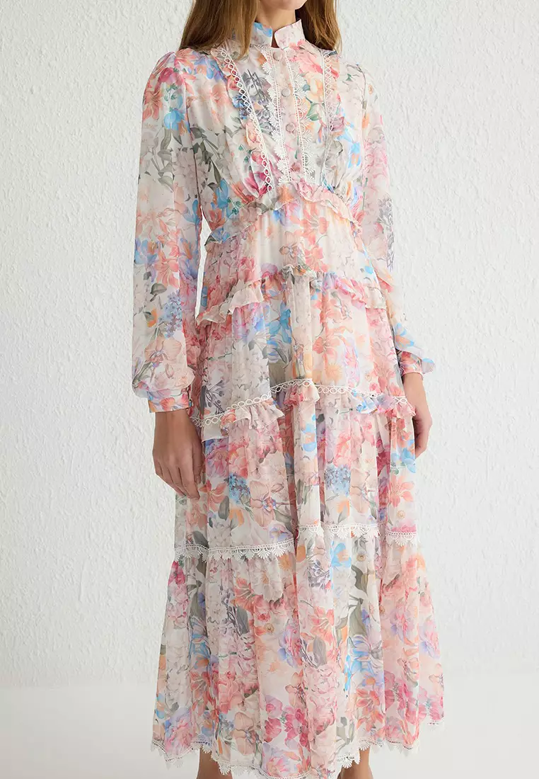 Multicolored Floral Patterned Lined Chiffon Woven Dress TCTSS25EB00050