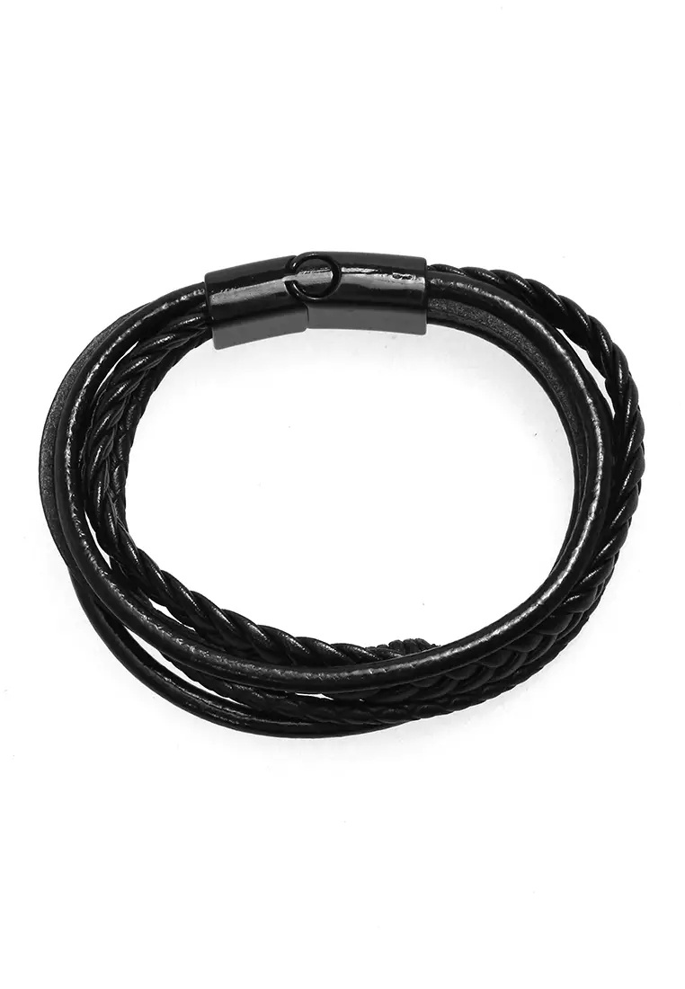 Aleda Gelang Kasual Pria Aksesoris Fashion Adjustable Strap Desain Mix Kepang Material Leather Stainless Steel ORIGINAL - Black