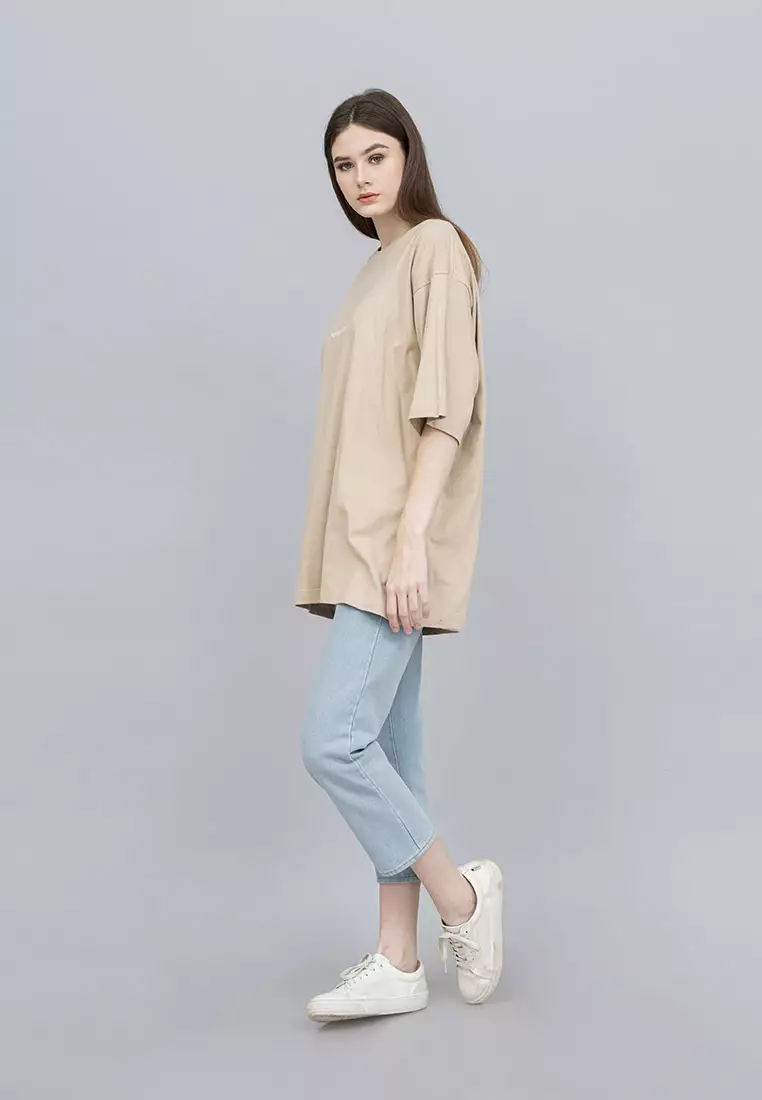 Houseofcuff Kaos Oversized T-shirt Wanita Unisex Tebal Krem Dragon