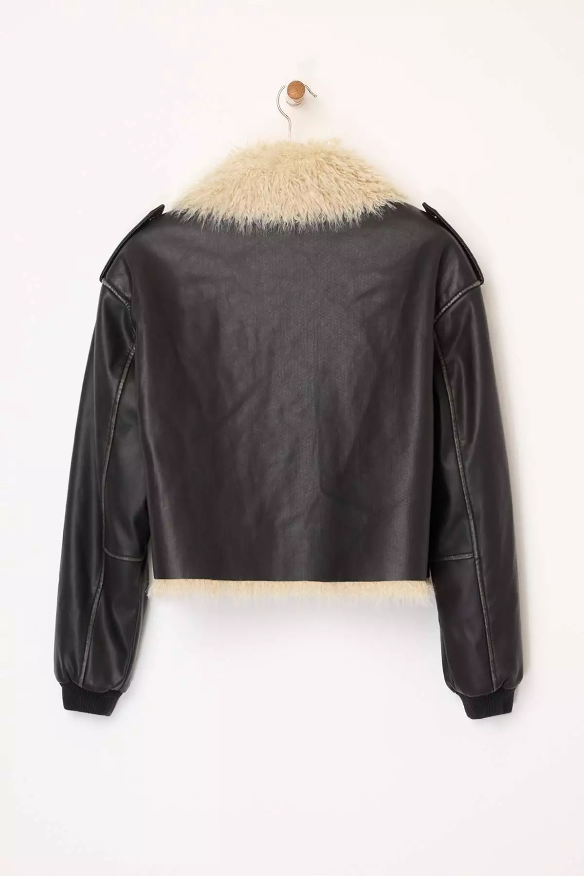 Black Regular Fit Fur Detailed Faux Leather Coat