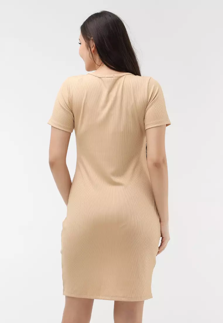 Plain Rib Knits Short Sleeves Dress
