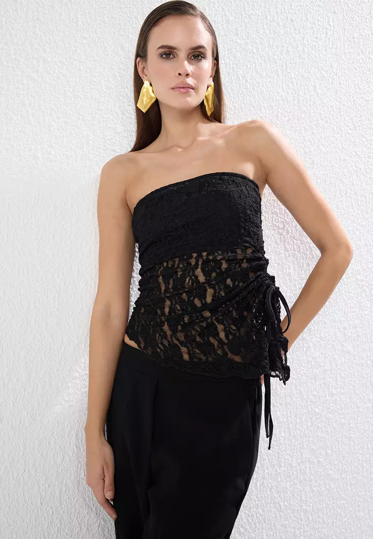 Black Strapless Lace Knitted Chic Blouse