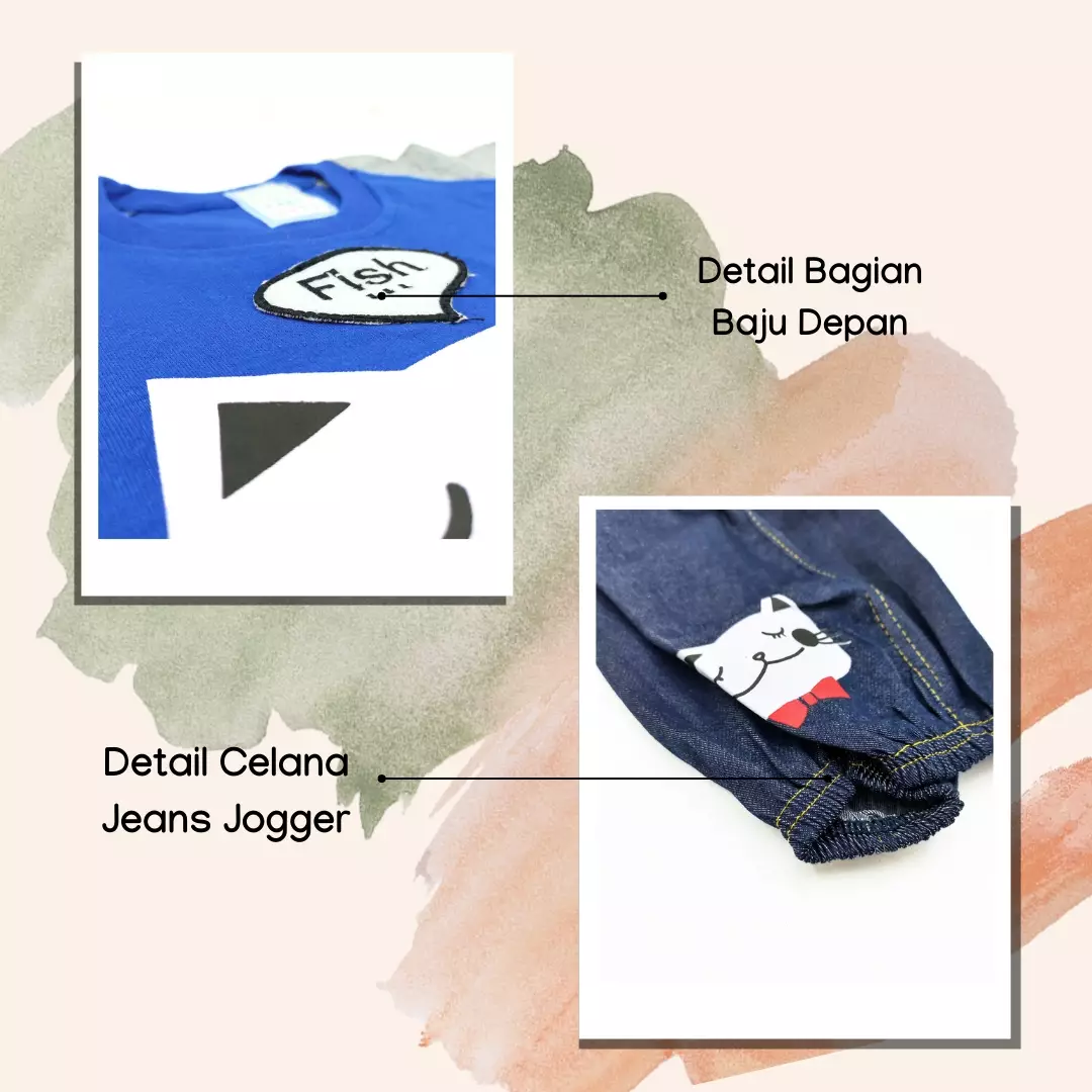 Wakakids Baju Bayi Anak Laki Laki Lengan Pendek Usia 6 Bulan Hingga 12 Bulan Setelan Celana Jeans Jogger Motif Cat Fish 3451 Biru