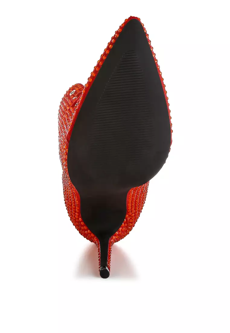 Rhinestones Embellished Calf Boots in Red