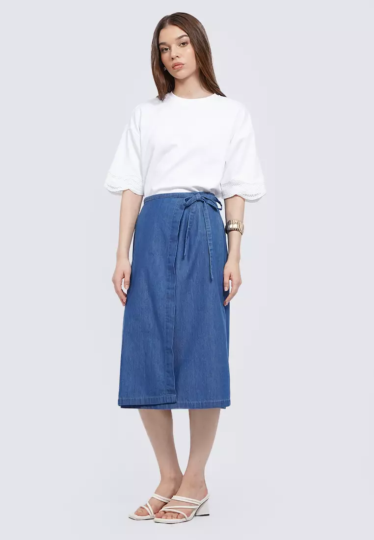 Wrap Midi Skirt with Front Tie MED BLUE