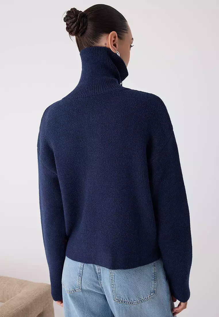 Navy Blue Turn Down Collar Soft Texture Wide Fit Zippered Knitwear Cardigan