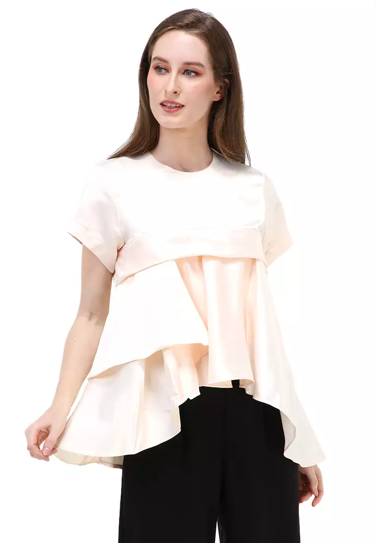 Kailah Blouse Short Sleeves Wanita Motif Polos Atasan Casual - Cream