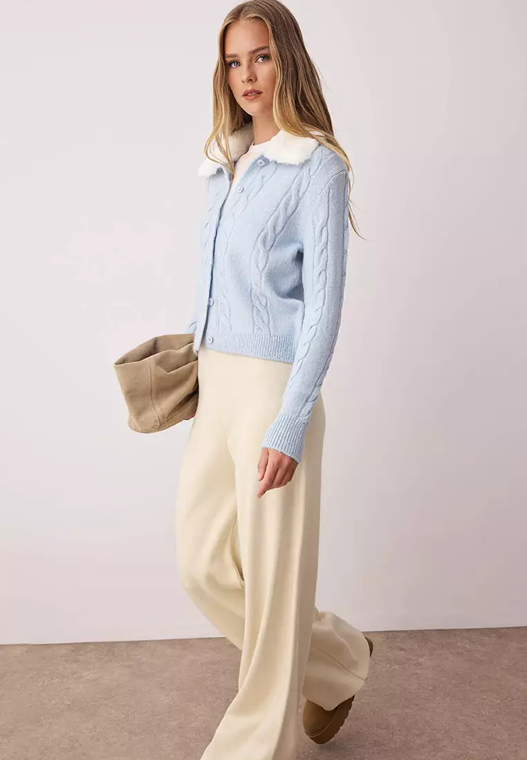 Blue Crop Fur Detailed Fitted/Body Wrap Knitwear Cardigan