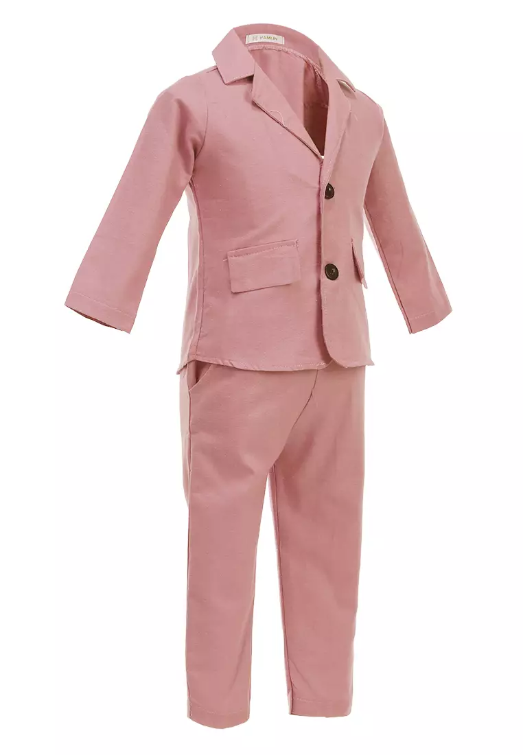 Jourell Setelan Anak Perempuan Blazer Kids One Set Motif Polos Long Sleeve Material Cotton ORIGINAL - Pink