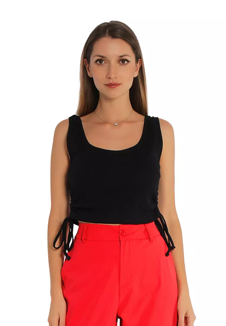 Black Tank Top - Satin Ruched Tank Top - Smocked Tank Top With Shoulder Ties