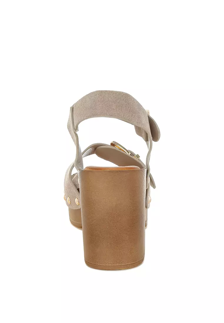 Real Suede Leather Clog Sandals In Beige