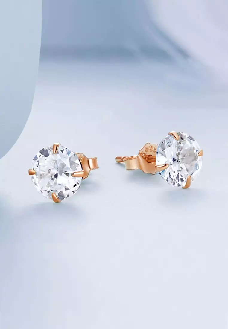 Solid Silver Mary Anne Crystal Stud Earrings In Rose Gold