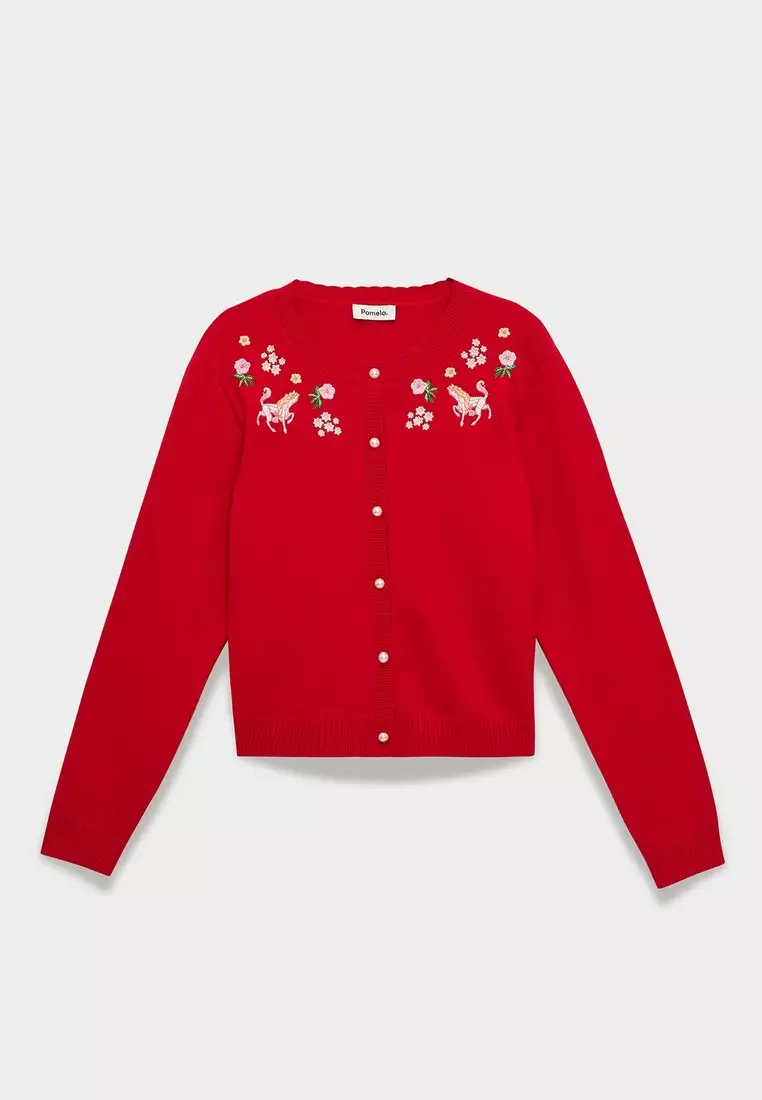 Embroidered Horse Cardigan - Red