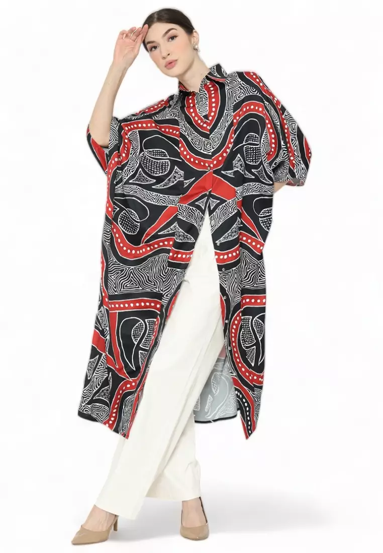 Kanzi 3/4 Sleeve  Collared Geometric New Kaftan Pink.