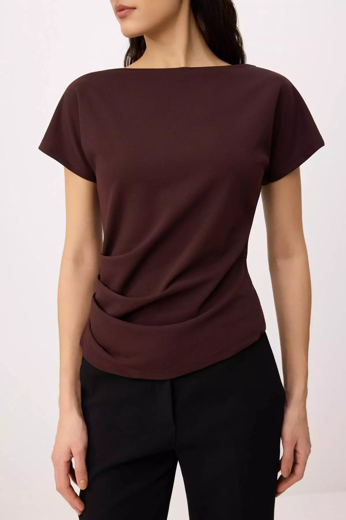 Brown Fitted/Bodycon Boat Neck Low Shoulder Short Sleeve Scuba Crepe Knitted Blouse Twoss26Bz8