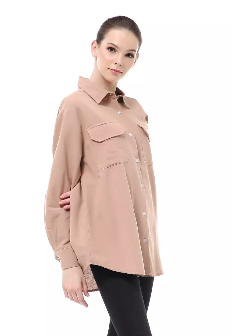 Brielle Atasan Wanita Kemeja Oversize Lengan Panjang Double Pocket Material Linen ORIGINAL - Caramel