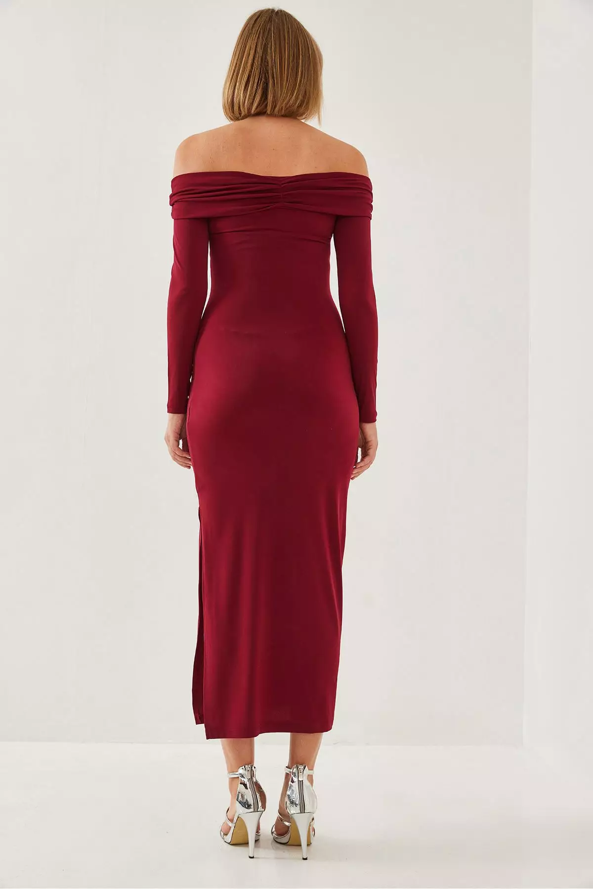 Women's Drape Detailed Madonna Collar Slit Dress 391 60251885