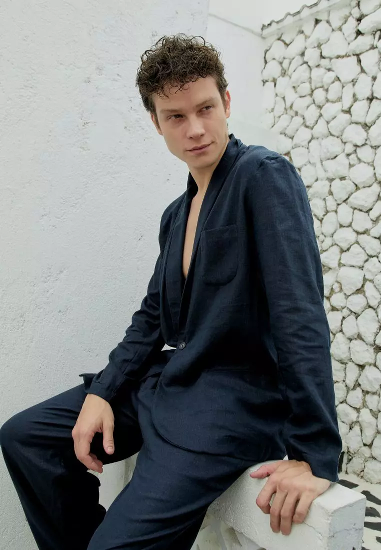 Durban Setelan Blazer Celana Linen Pria Biru Navy - Linen Blazer Set for Men Navy