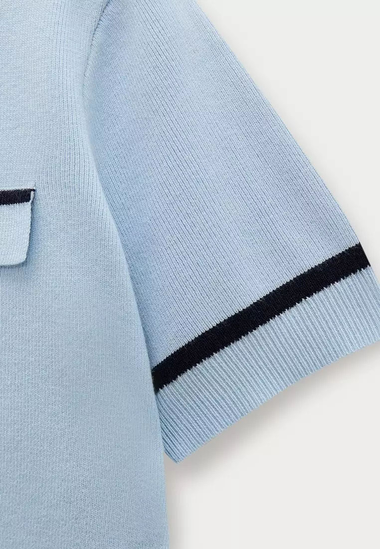 Button Front Knit Polo Top - Blue