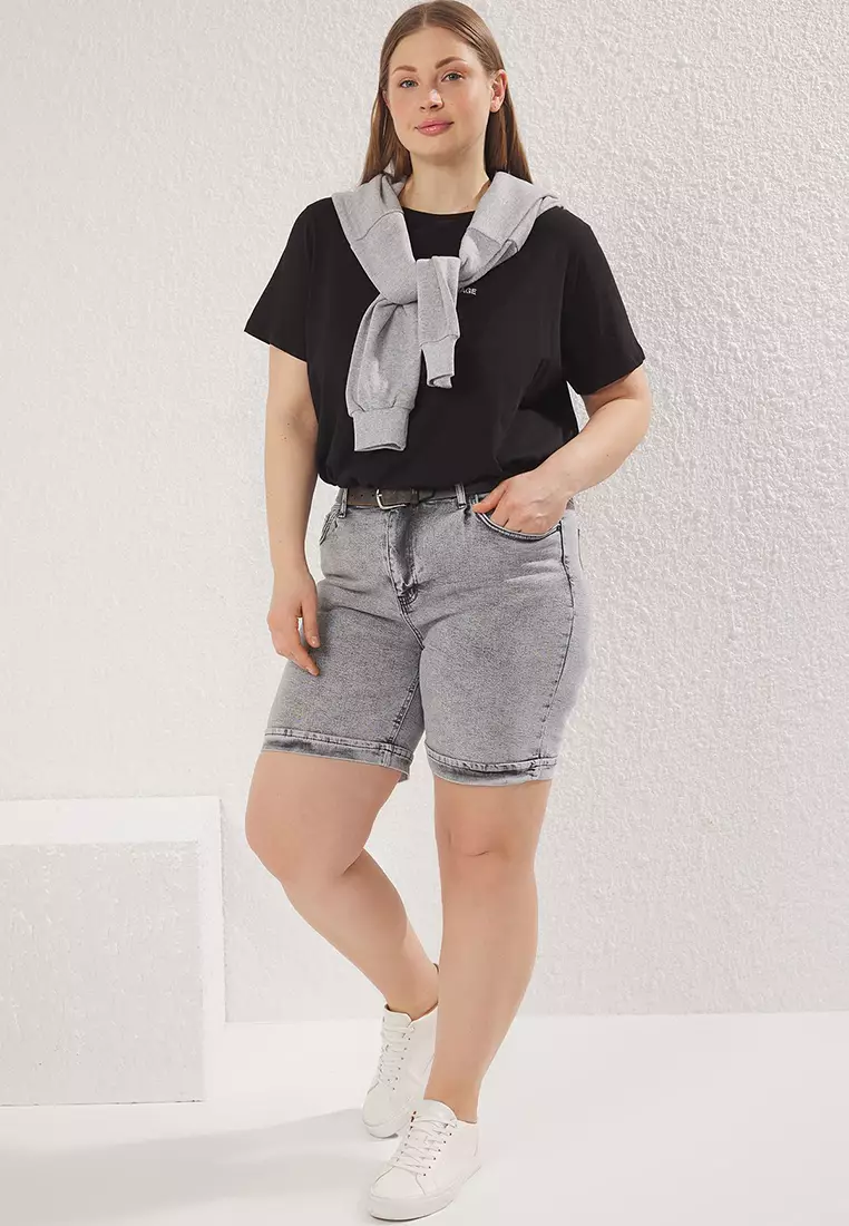 Grey High Waist Elastic Waist Denim Plus Size Shorts TBBSS25AP00021