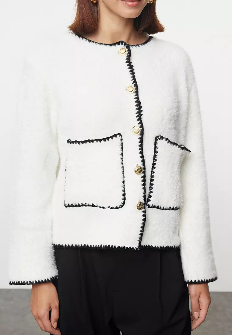 Ecru Fluffy Soft Texture Jacket Look Knitwear Cardigan TWOAW25HI00009