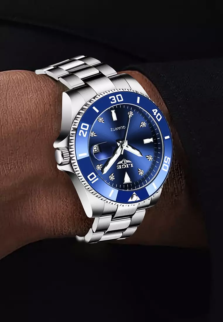 Unisex Classic Diver's Stainless Steel Quartz Watch, Stainless Steel Bracelet