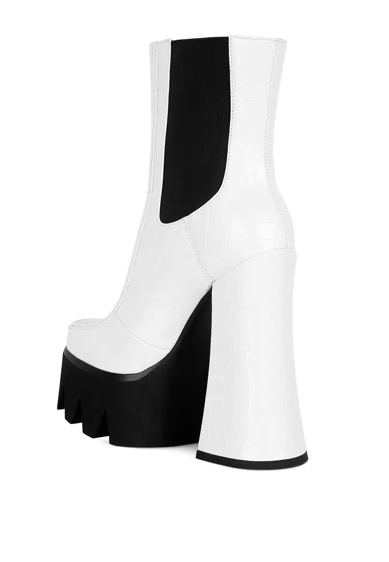 White High Platform Block Heel Lace Up Biker Boots