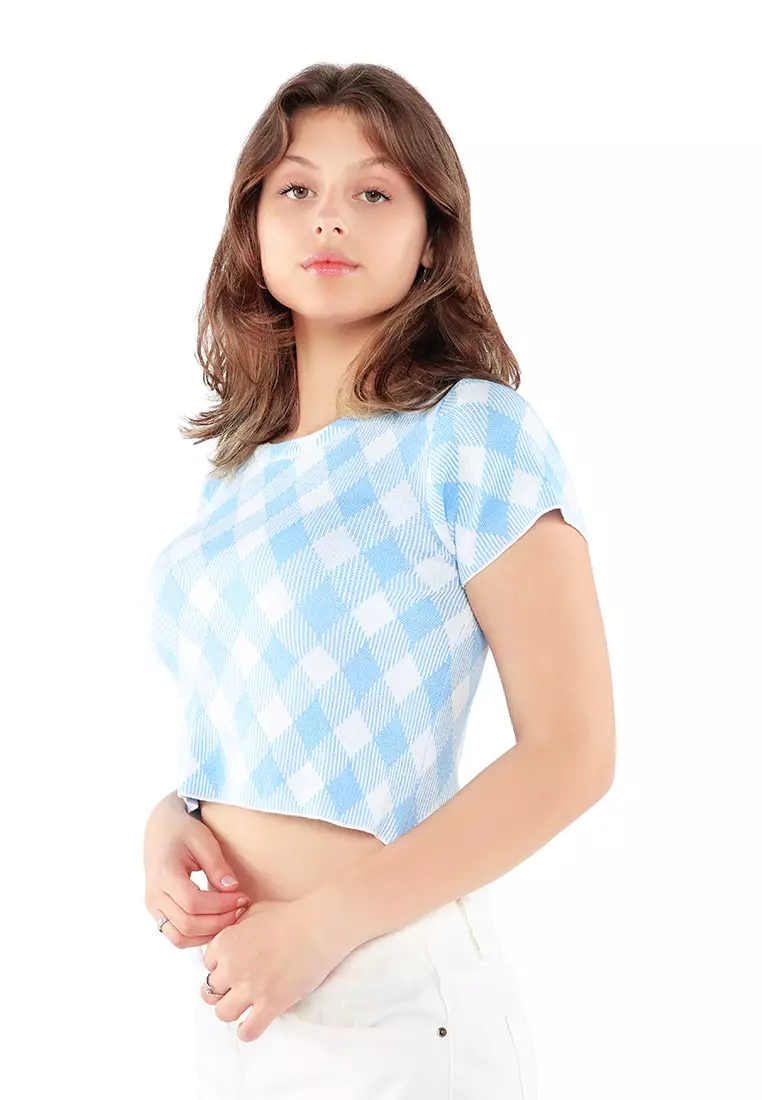 Crop Top Kotak-kotak Kasual Biru
