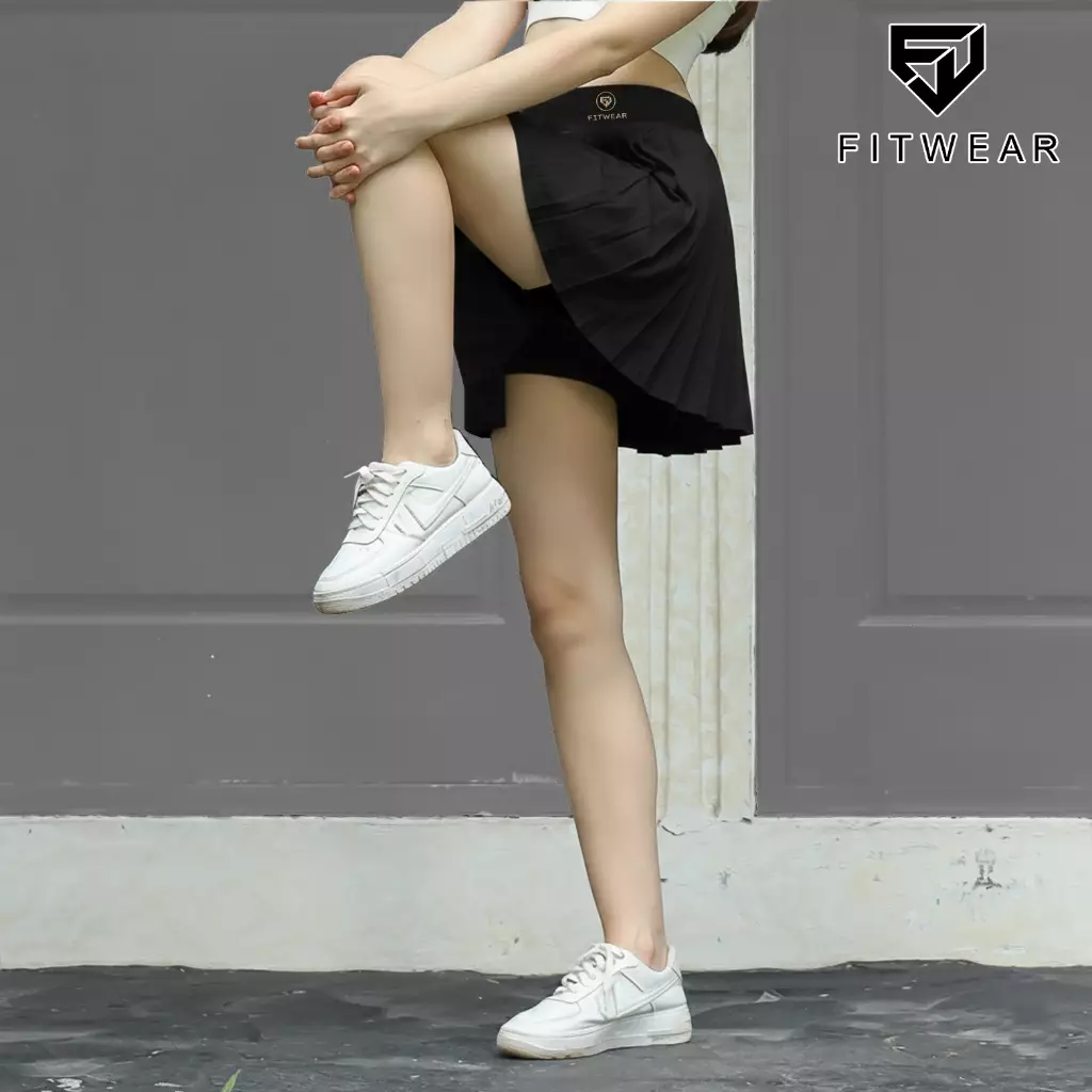 Fitwear Rok + Inner Padel Wanita Olahraga XAVIERA MEDIUM PLEATS - BLACK (NO LINE)