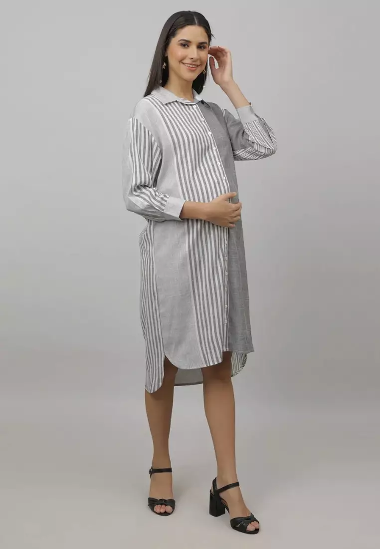 铬珍珠孕妇和哺乳期大廓形衬衫连衣裙