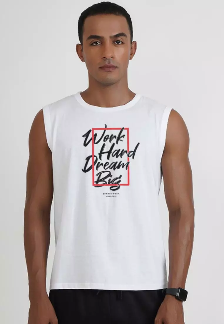 Work Hard Dream 大号白色棉质无袖健身/训练背心