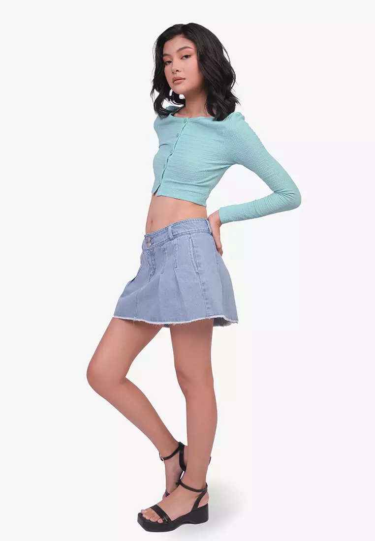 Long Sleeves Button Down Knit Crop Top