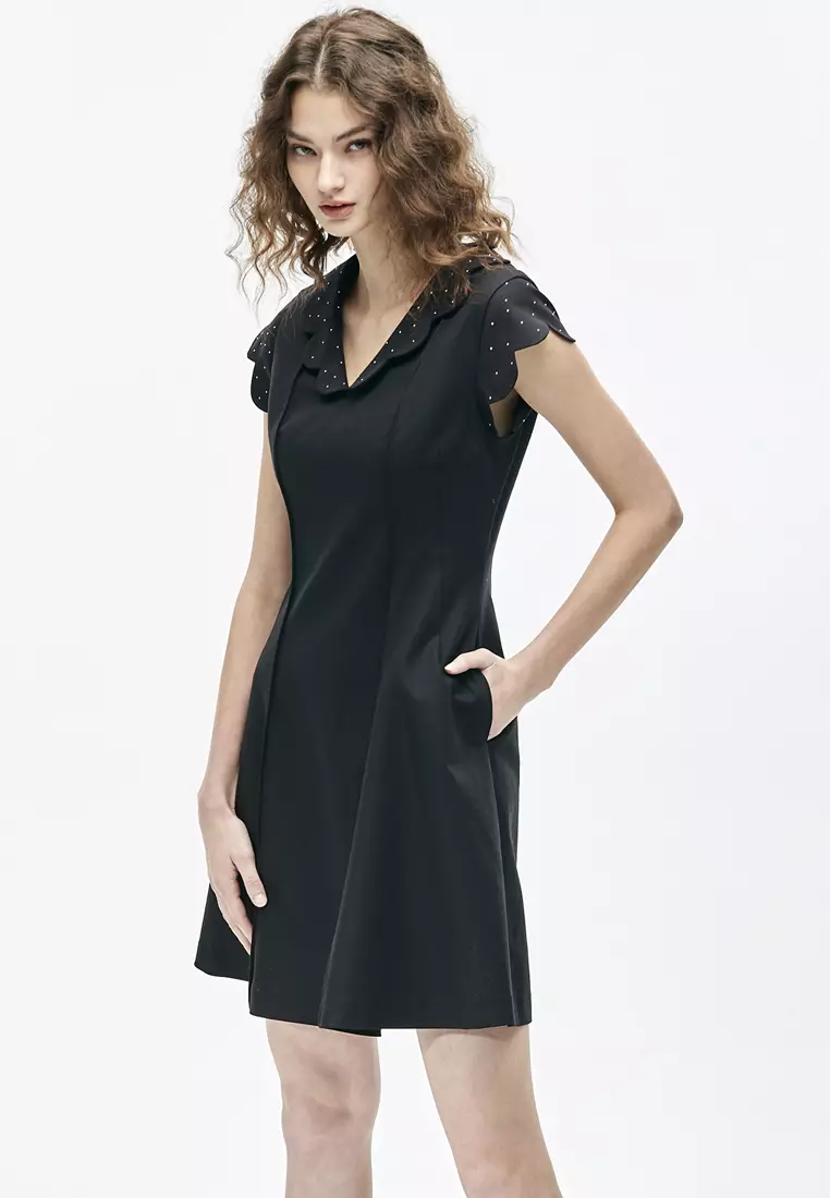 Black Scallop Sleeve A-Line Dress