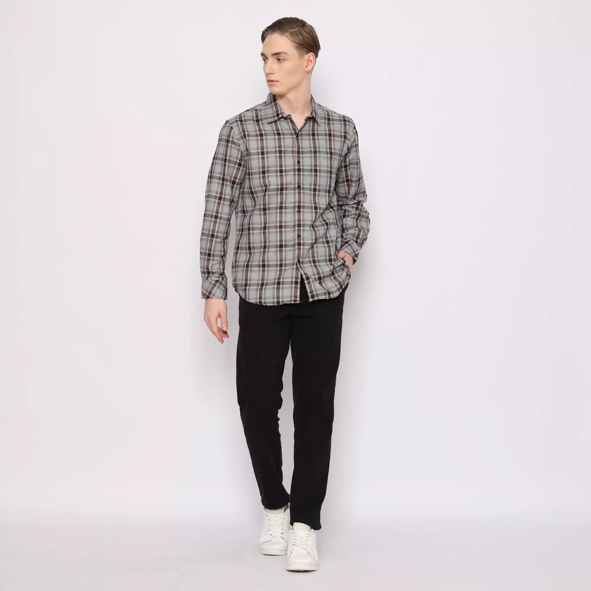 Platini Kemeja Kotak Pria Lengan Panjang Abu 76351