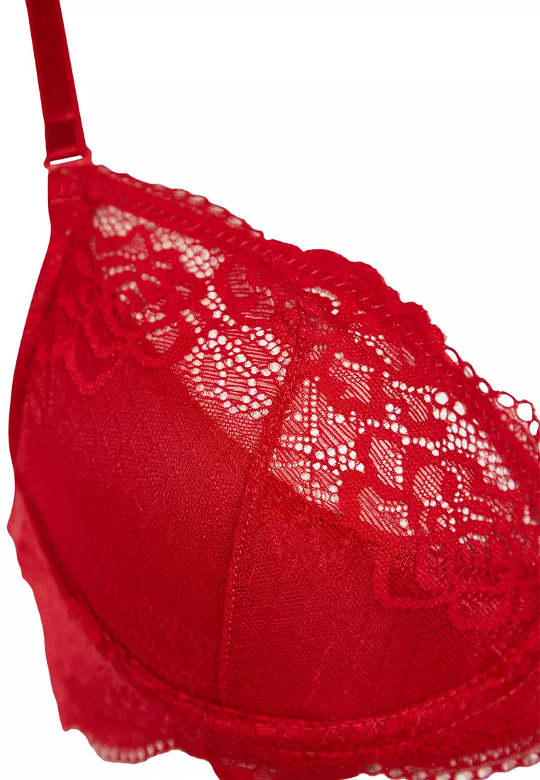 Burgundy Laced Rope Strap Demi Non-Padded Cupped Knitted Bra THMSS24SU00030